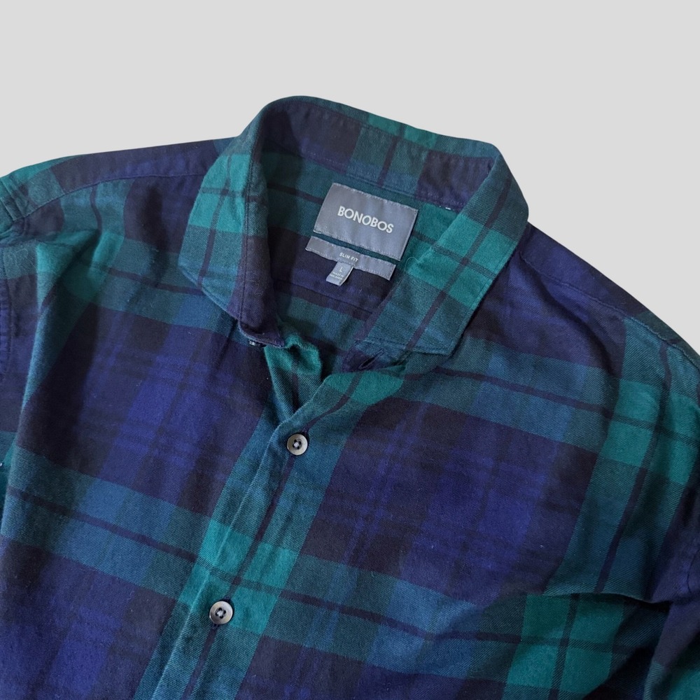 BONOBOS Men's Lg Plaid Long Sleeve Slim Fit Button Down Shirt Green Navy Grunge